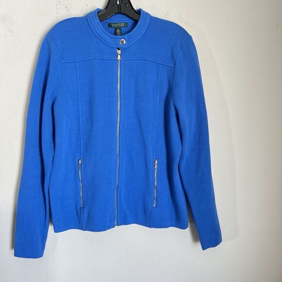 Lauren Ralph Lauren Blue Stretch Knit Jacket Full Zip Pockets Equestrian XL - Picture 5 of 5